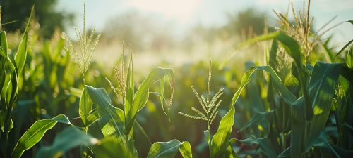 A field of corn plants growing tall and green.